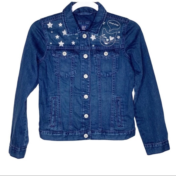 NWOT Kids Girls Gap Denim Jean Cat Star Jacket XL